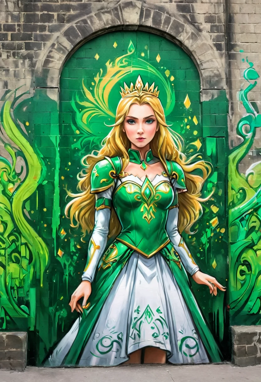 a  graffiti painting art on the wall of the castle of Princess Zelda on the wall of a castle, ,Princess Zelda (intense details, Masterpiece, best quality: 1.5), wearing intricate green dress, delicate diamond crow, ultra detailed face, ultra feminine, fair skin, exquisite beauty, gold hair, long hair, wavy hair, small pointed ears, dynamic eyes color, wearing heavy green and white armor, shinning metal, armed with elven sword, ais-graffiti, chumbasket art style, graffiti art, Wielding sword