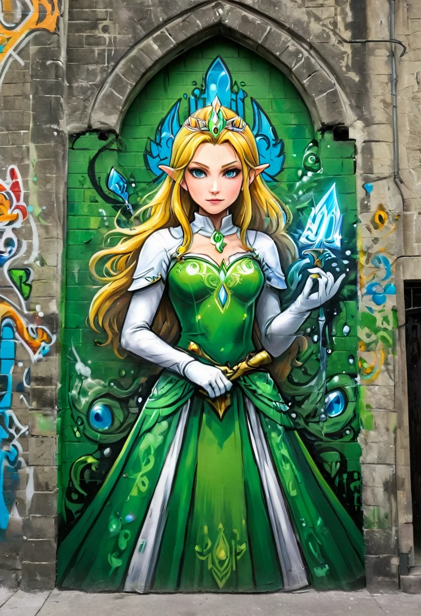 a  graffiti painting art on the wall of the castle of princesa zelda on the wall of a castle, ,princesa zelda (detalles intensos, obra maestra, mejor calidad: 1.5), vistiendo un intrincado vestido verde, delicado cuervo de diamantes, cara ultra detallada, ultrafemenina, piel blanca, Belleza exquisita, cabello dorado, pelo largo, pelo ondulado, orejas pequeñas y puntiagudas, color de ojos dinámico, vistiendo una pesada armadura verde y blanca, metal brillante, armado con espada élfica, ais-graffiti, estilo de arte chumbasket, arte grafiti, empuñando la espada