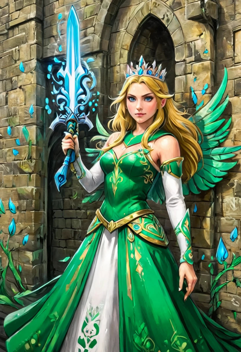 a  graffiti painting art on the wall of the castle of Princess Zelda on the wall of a castle, ,Princess Zelda (intense details, Masterpiece, best quality: 1.5), wearing intricate green dress, delicate diamond crow, ultra detailed face, ultra feminine, fair skin, exquisite beauty, gold hair, long hair, wavy hair, small pointed ears, dynamic eyes color, wearing heavy green and white armor, shinning metal, armed with elven sword, ais-graffiti, chumbasket art style, graffiti art, Wielding sword