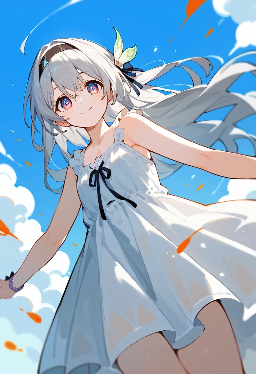 (One girl, alone, alone focus),
fire Fly, Sundress , head band, hair ornaments, Silver Hair, 
Dynamic pose ,
smile,
From below 
