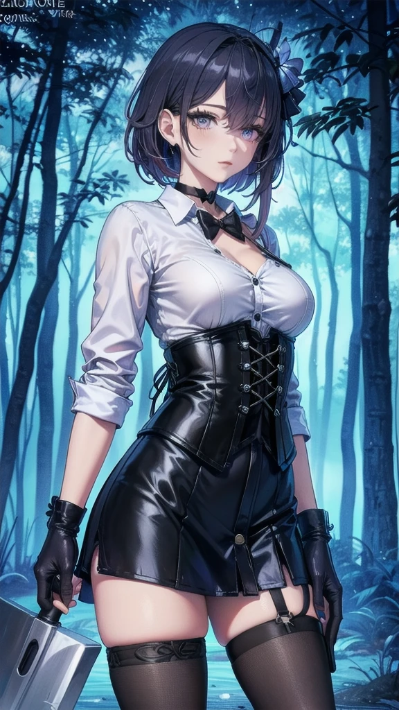 Masterpiece, Beautiful art, professional artist, 8k, Very detailed face, Detailed clothing, detailed fabric, 1 girl, Soul Fullness \(Honkai Impact 3rd\), front view, standing, BIG BREASTS, perfectly drawn body, shy expression, pale skin, beautiful face, short dark blue hair, 4k eyes, very detailed eyes, pink cheeks, choker:1.6, (white long sleeve button down shirt with white collar), black gloves, gloves that cover hands, (holds an ax with his right hand), (black leather corset), (shiny black tight mini skirt), Sensual Lips , winter night, show details in the eyes, looking at the viewer, dark forest, Atmosphere, fog, At night