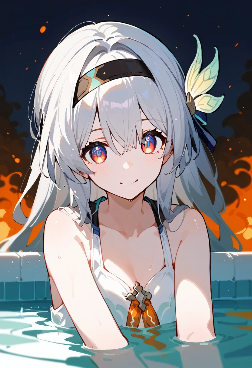 (One girl, alone, alone focus),
fire Fly,head band, hair ornaments, Silver Hair, smile,Fidgeting with your feet,whole body,Night Pool,
