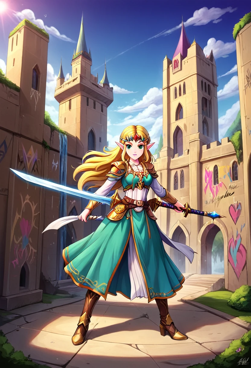 a  graffiti painting art on the wall of the castle of Princess Zelda on the wall of a castle, ,Princess Zelda (intense details, Masterpiece, best quality: 1.5), wearing intricate green dress, delicate diamond crow, armed with magical sword, ultra detailed face, ultra feminine, fair skin, exquisite beauty, gold hair, long hair, wavy hair, small pointed ears, dynamic eyes color, wearing heavy green and white armor, shinning metal, armed with elven sword, ais-graffiti, chumbasket art style, graffiti art, Wielding sword