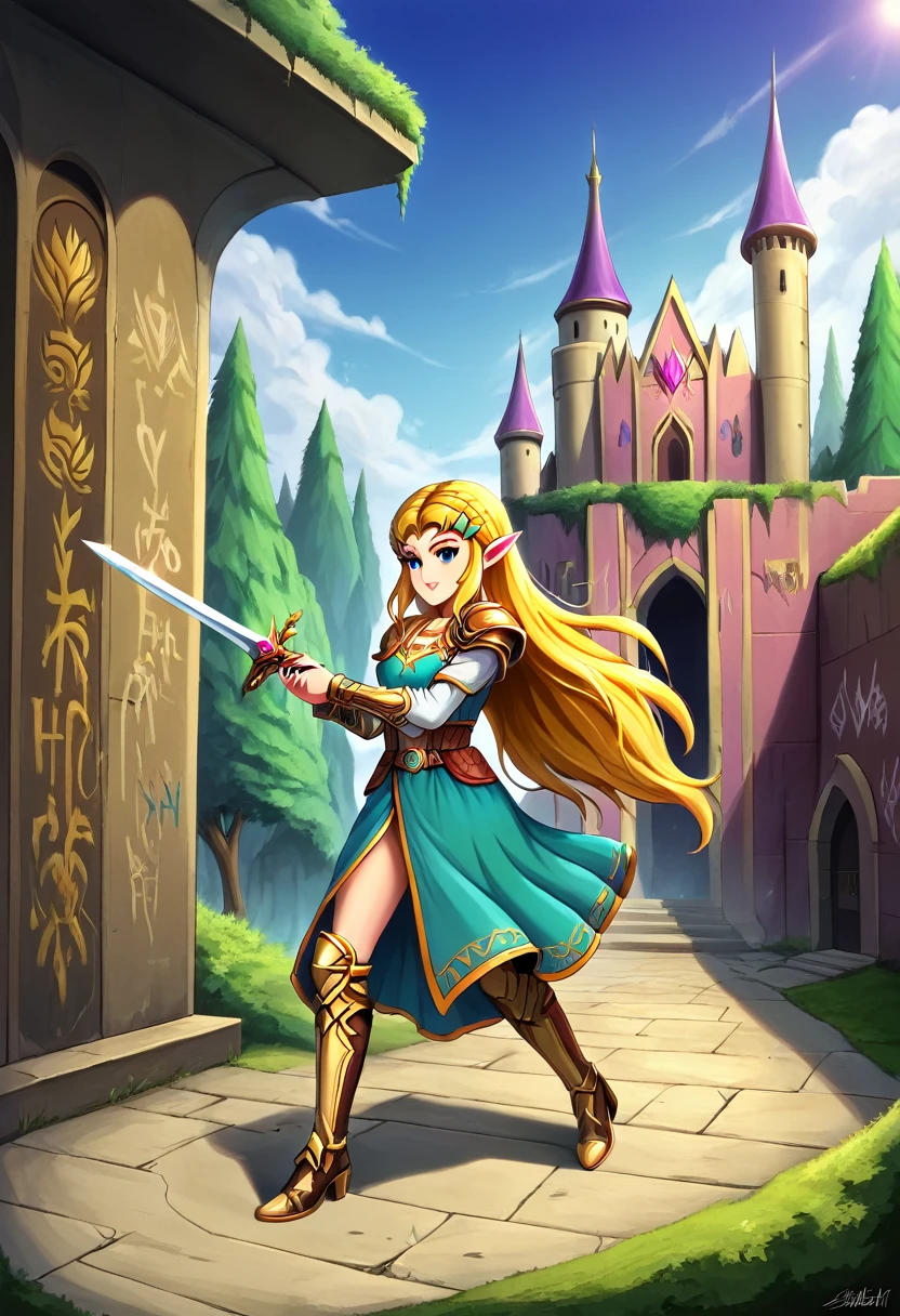 uma arte de pintura de graffiti na parede do castelo da Princesa Zelda na parede de um castelo, ,Princess Zelda (detalhes intensos, obra de arte, melhor qualidade: 1.5), usando um vestido verde intricado, delicado corvo de diamante, armado com espada mágica, rosto ultra detalhado, ultra feminine, Pele clara, beleza requintada, cabelo dourado, cabelo longo, Cabelo ondulado, pequenas orelhas pontudas, cor dinâmica dos olhos, vestindo armadura pesada verde e branca, metal brilhante, Armado com Espada Élfica, ais-graffiti, estilo de arte chumbasket, arte do grafite, empunhando espada