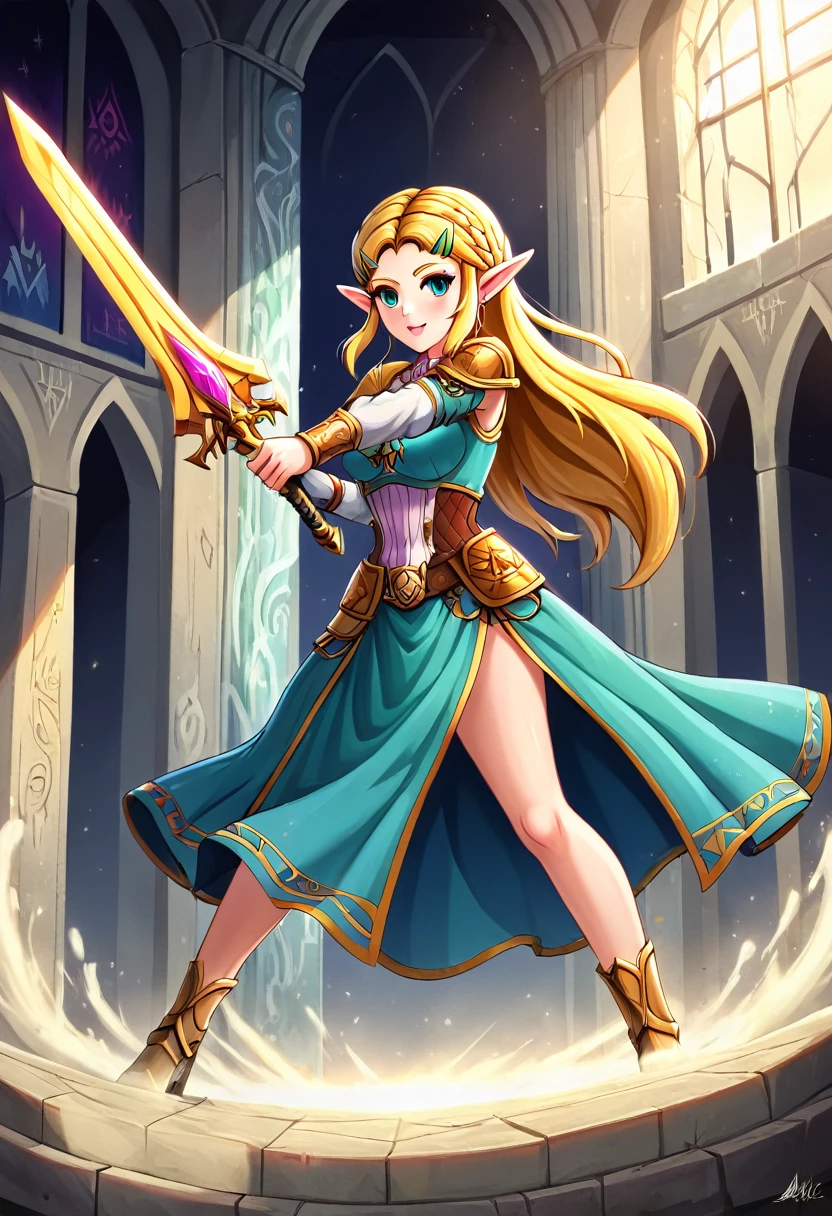 a  graffiti painting art on the wall of the castle of Princess Zelda on the wall of a castle, ,Princess Zelda (intense details, Masterpiece, best quality: 1.5), wearing intricate green dress, delicate diamond crow, armed with magical sword, ultra detailed face, ultra feminine, fair skin, exquisite beauty, gold hair, long hair, wavy hair, small pointed ears, dynamic eyes color, wearing heavy green and white armor, shinning metal, armed with elven sword, ais-graffiti, chumbasket art style, graffiti art, Wielding sword