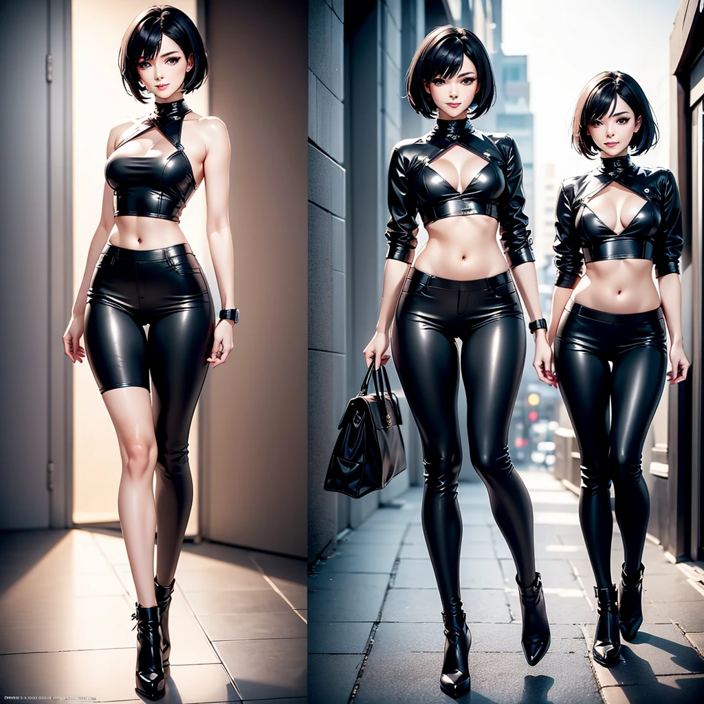 Anime style image of a beautiful woman with short black hair, 1 girl, straight and short. beautiful eyes, fair skin, delicate appearance, smiling, reddened lips, small breasts, big ass, thin waist and wearing a gray cropped and a black leather pants. Full body