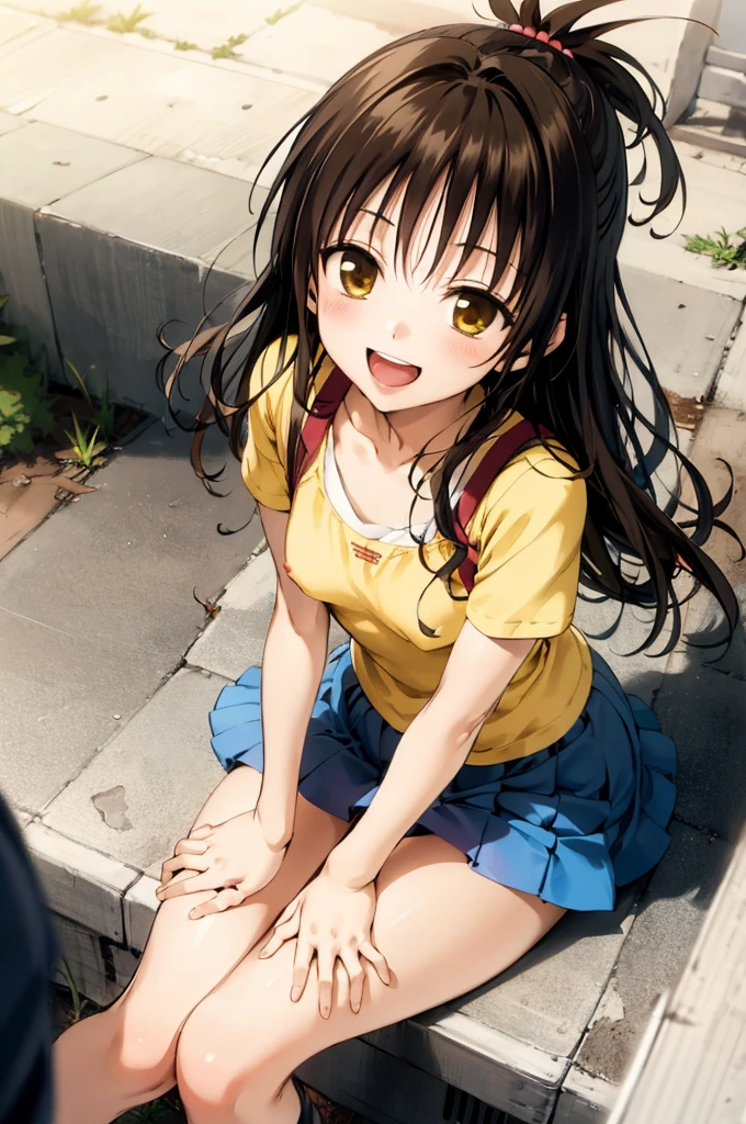 1girl,solo,yuuki mikan,, ,brown hair,, ,1girl,,(((casual outfit))),small breasts,smile,open mouth,miniskirt,sitting on ground,from above,tongue,