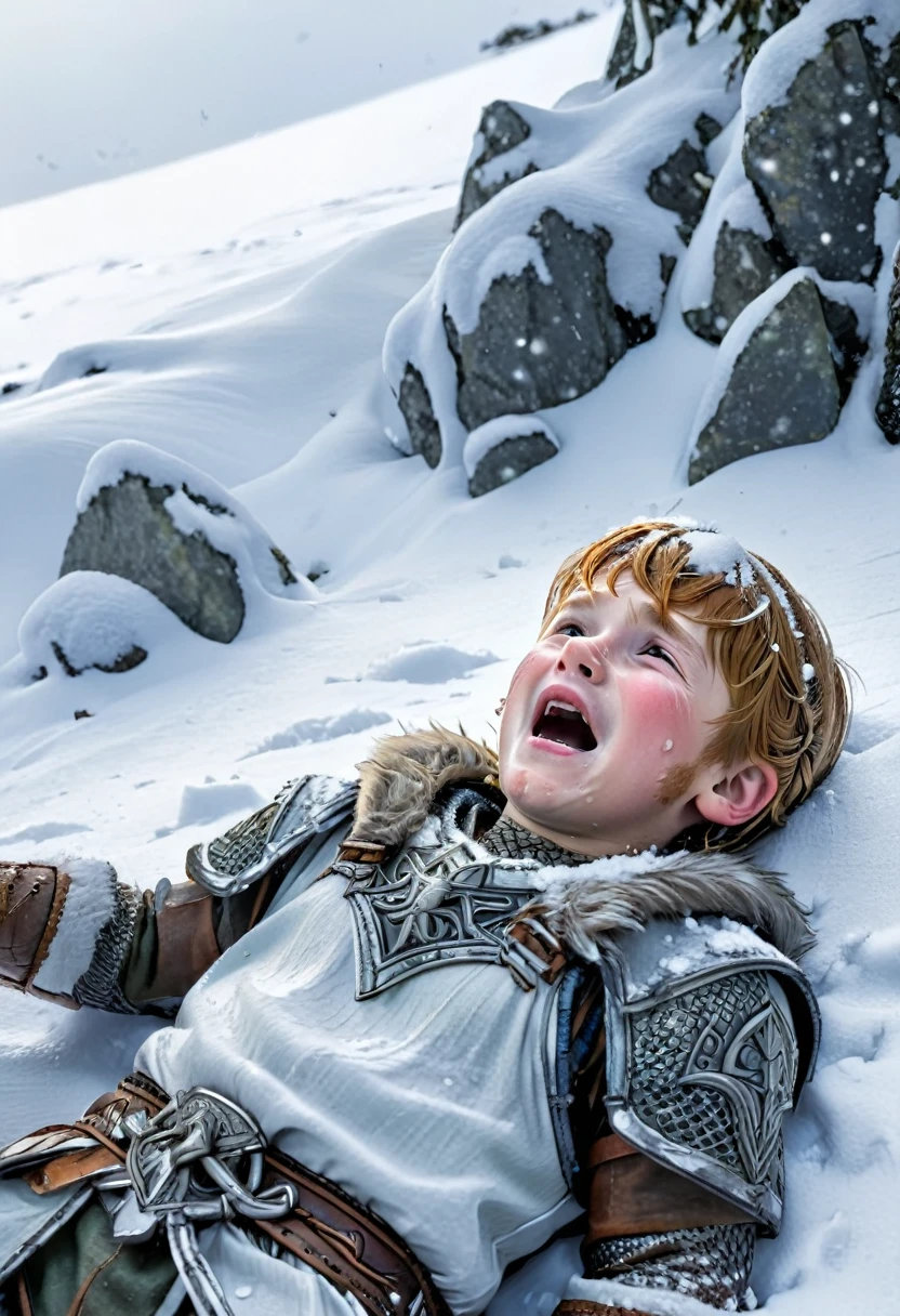 viking boy lying in the snow crying, with his hand raised