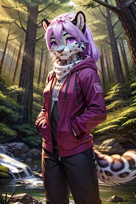 feral Female snow leopard with purple eyes and shreded clothes standing she in forest
