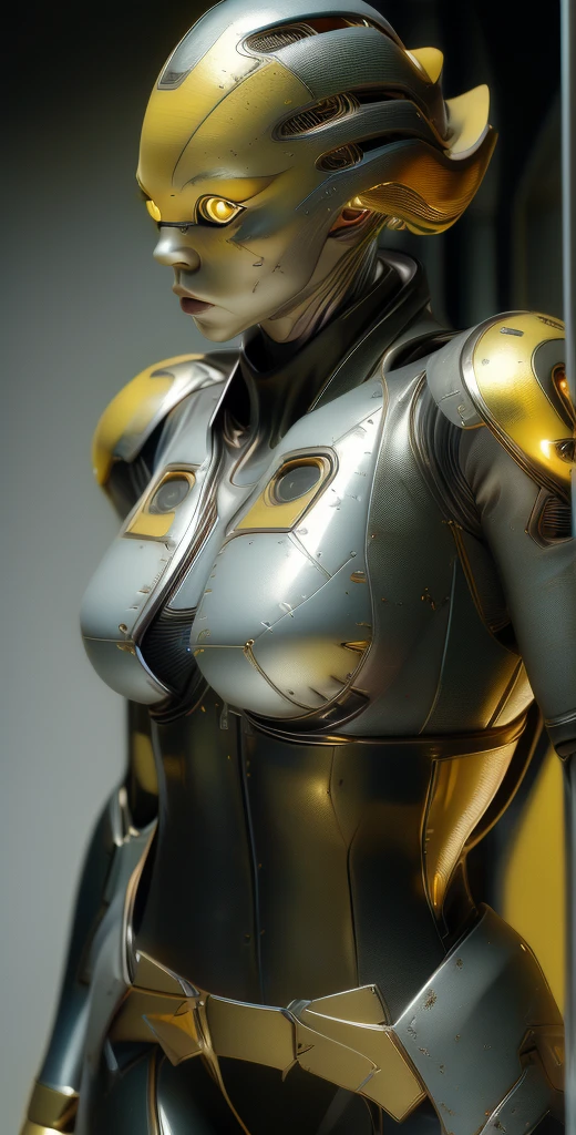 1 girl, solo, (look at viewer), ((Best quality)), ((masterpiece)), (detailed:1.4), ((upper body)), 3D, an image of a beautiful cyberpunk female,HDR (High Dynamic Range), Ray Tracing,NVIDIA RTX,Super-Resolution,Unreal 5,Subsurface scattering,PBR Texturing,Post-processing,Anisotropic Filtering,Depth-of-field,Maximum clarity and sharpness,Multi-layered textures,Albedo and Specular maps,Surface shading,Accurate simulation of light-material interaction,Perfect proportions,Octane Render,Two-tone lighting,Wide aperture,Low ISO,White balance,Rule of thirds,8K RAW, (((yellow eyes))), (((liquid metal black short hair))), PEEBEE, (dark skin:1.2), yellow eyes,,, medium breasts, yellow bodysuit, belt, (( gold amor))
