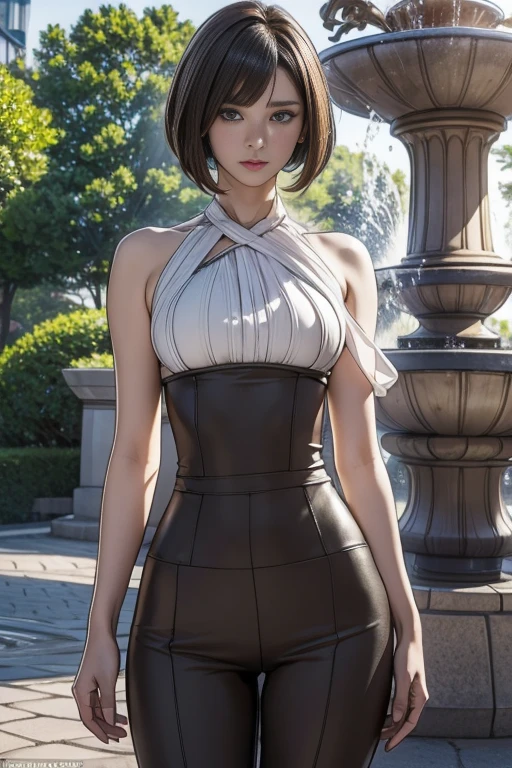 high quality, High resolution, High quality texture,High detail, beautiful, detailed, Extremely detailed CG,Detailed texture,Realistic facial expressions, masterpiece, in front,dynamic,bold,1 Girl,1 female, 25 years old, light brown hair, short hair, floating hair, bob cut,one length,wearing suit、A park with a large fountain、