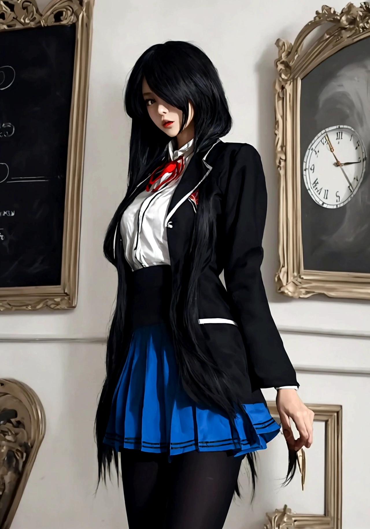 ultra-detailed,highly detailed,best quality,masterpiece,illustration, 
A woman is depicted in the image wearing a short skirt and a white shirt. She has long hair and is accessorized with a black tie. The woman is standing in what appears to be a room with a clock visible in the background. The primary colors in the image include shades of brown and beige with accents of black. The woman''s outfit gives off a professional yet stylish vibe. The image captures her in a close-up shot, focusing on her attire and overall appearance. The setting suggests a formal or business-like environment.