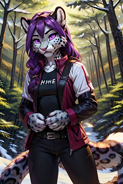 intimidating feral Female snow leopard with purple eyes and clothes standing she in forest
