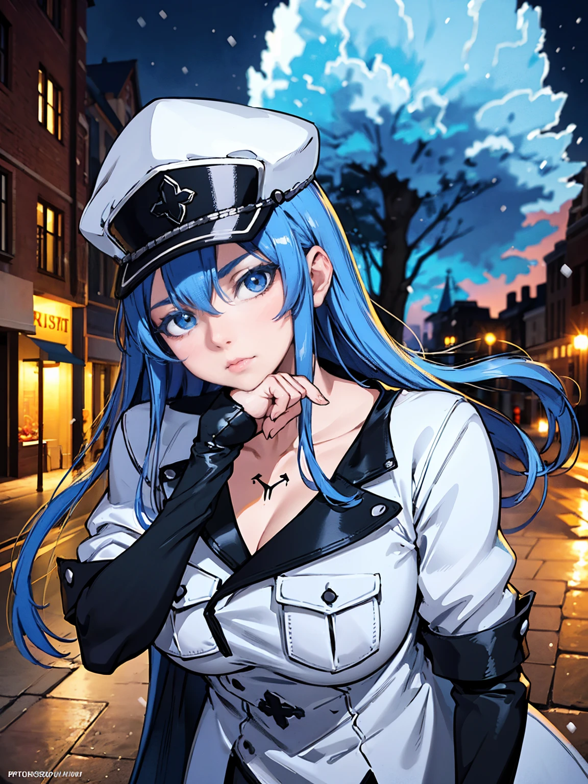 a girl with long blue hair, blue eyes, blue eyelashes, big breasts, white sweatshirt with a hat, walking, upset, on a street in Russia, snowing heavily, at night, (best quality,4k,8k,highres,masterpiece:1.2),ultra-detailed,(realistic,photorealistic,photo-realistic:1.37),HDR,UHD,studio lighting,extreme detail description,vivid colors,portrait,dramatic lighting,cold color tone