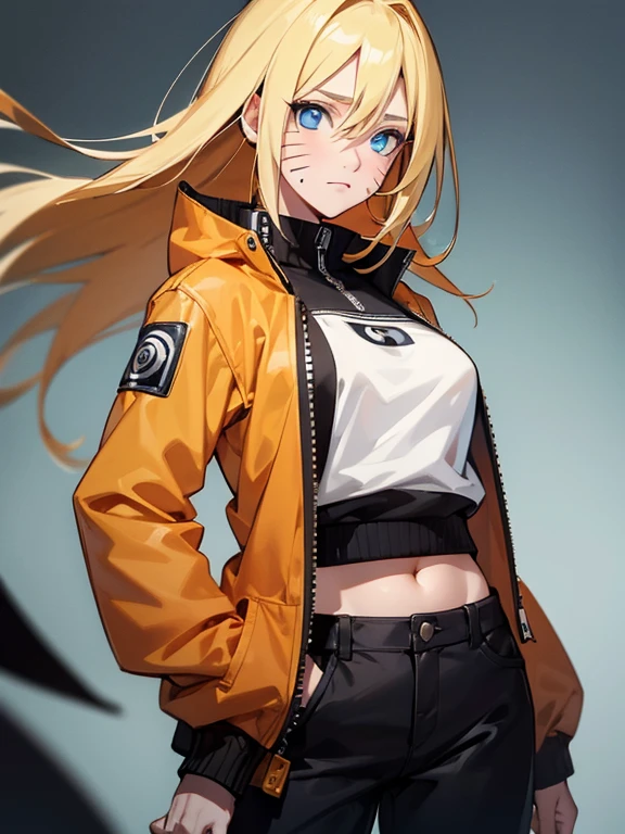 (masterpiece, best quality:1.2), expressive eyes, perfect face, highres, 1girl, solo, (female:1.5), NarukoUzumaki, blue eyes, blonde hair, long hair, facial mark, whisker markings, short hair, long sleeves, jacket, opened jacket, (naruto outfit), midriff, orange-black jacket, meshes, pants, black pants, standing, upper body, looking at the viewer