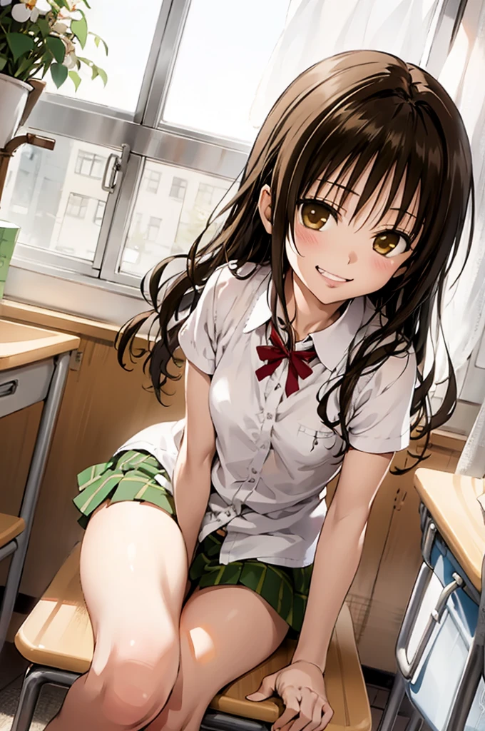 1girl,solo,yuuki mikan,, ,brown hair,, ,1girl,,,small breasts,,classroom,collared shirts,ribbon,,s,looking viewer,grin,panties,pleated skirt,sitting,open legs