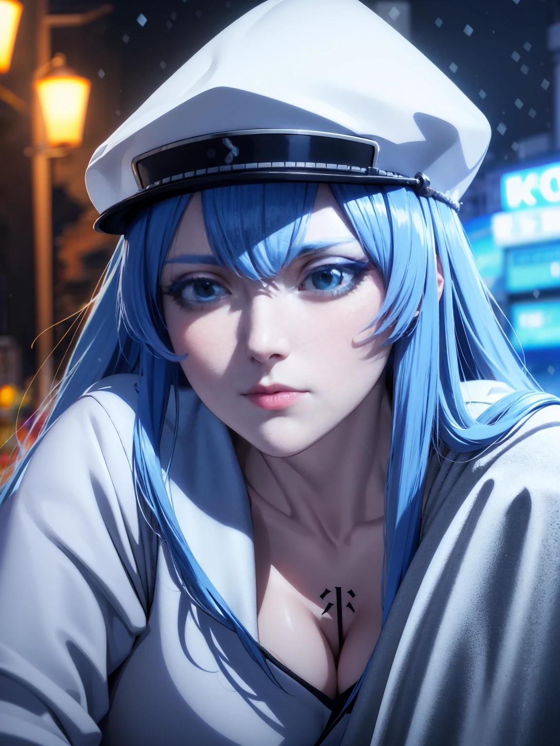 a girl with long blue hair, blue eyes, blue eyelashes, big breasts, white sweatshirt with a hat, walking, upset, on a street in Russia, snowing heavily, at night, (best quality,4k,8k,highres,masterpiece:1.2),ultra-detailed,(realistic,photorealistic,photo-realistic:1.37),HDR,UHD,studio lighting,extreme detail description,vivid colors,portrait,dramatic lighting,cold color tone