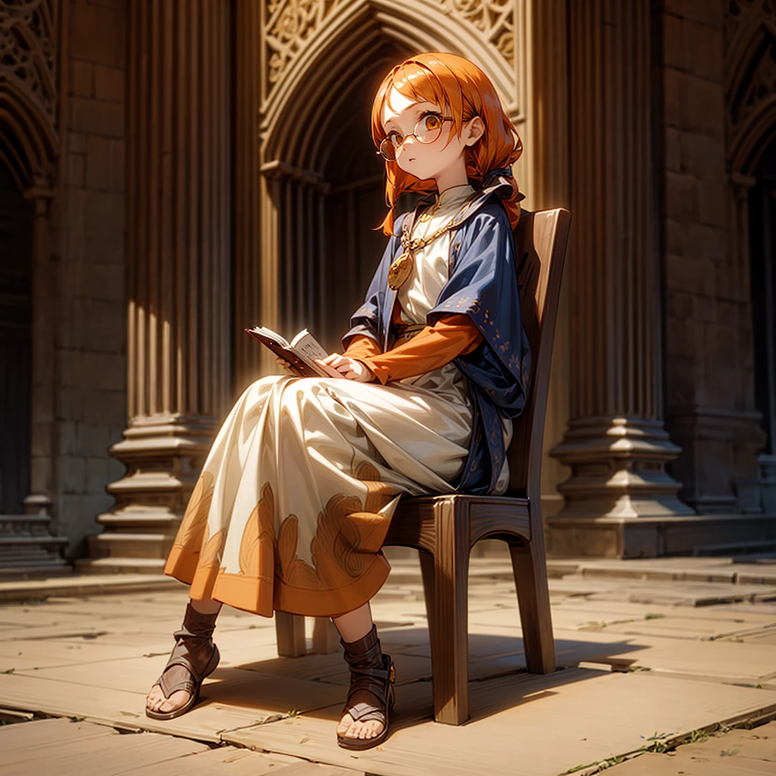 1childern girl, Full body version, 1character, children version, almond eyes, long haircut, orange colour hair, sad eyes, glasses, medieval style clothing, book in hand, background in town, motion blur, sit down gesture, (Hunter x Hunter style art)