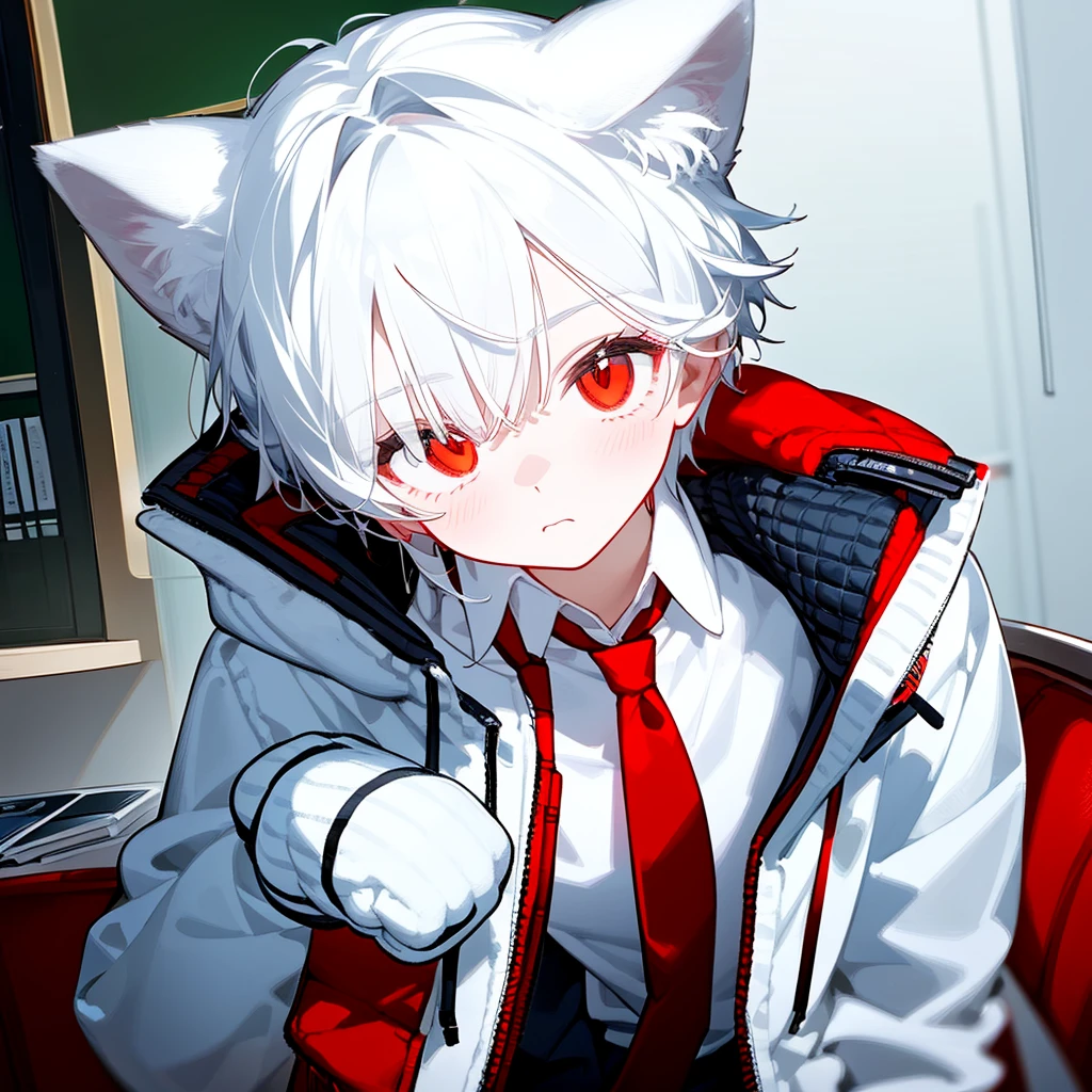Un chico gato solitario, con pelo blanco, ojos rojos, , usando chaqueta, reventar!!!!!!!!!,chico lindo en la escuela, sosteniendo dulces
