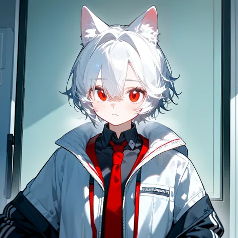 a solo cat boy, with white hair, red eyes, , wearing jacket, bust up!!!!!!!!!,cute boy in school, memegang permen