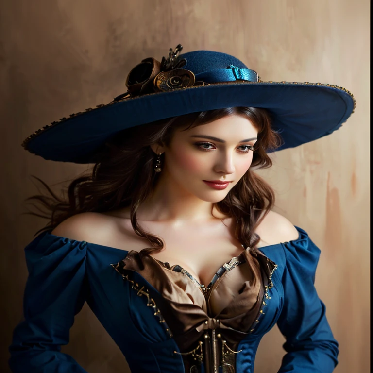 A photorealistic close up of a beautiful woman wearing a steampunk style blue hat and dress, beautiful character painting,  stunning character art, digital art of an elegant, elegant digital painting, steampunk digital photo