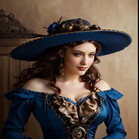 a photorealistic close up of a beautiful woman wearing a steampunk style blue hat and dress, beautiful character painting,  stun...