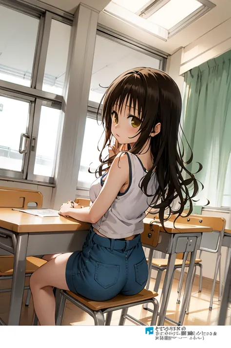 1girl,solo,yuuki mikan,, ,brown hair,, ,1girl,,,classroom,,looking viewer,,shorts,ass,from back,