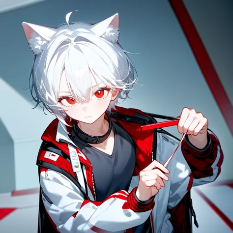 a solo cat boy, with white hair, red eyes, , wearing jacket, bust up!!!!!!!!!,cute boy in school, holding a candy ,