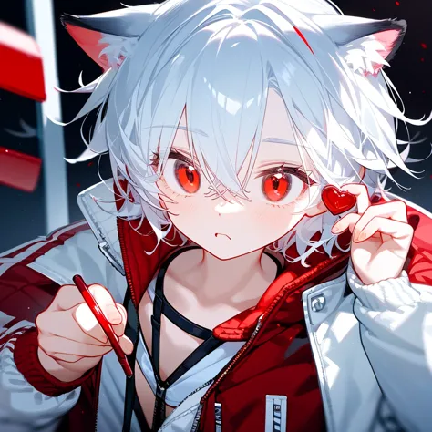 a solo cat boy, with white hair, red eyes, , wearing jacket, bust up!!!!!!!!!,cute boy in school, holding a candy ,