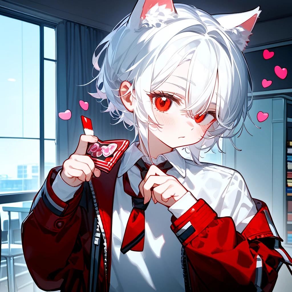 A solo cat boy, With white hair, red eyes, , wearing jacket, bust up!!!!!!!!!,cute boy in school, Holding a candy , 