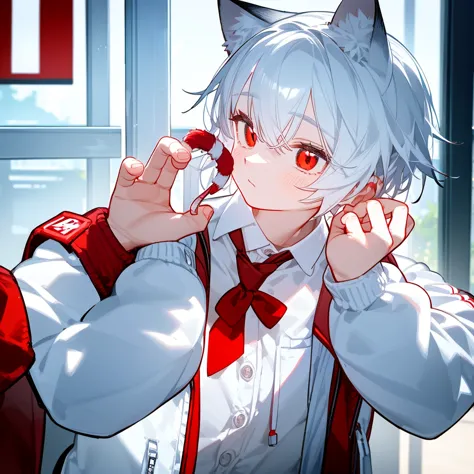 a solo cat boy, with white hair, red eyes, , wearing jacket, bust up!!!!!!!!!,cute boy in school, holding a candy ,