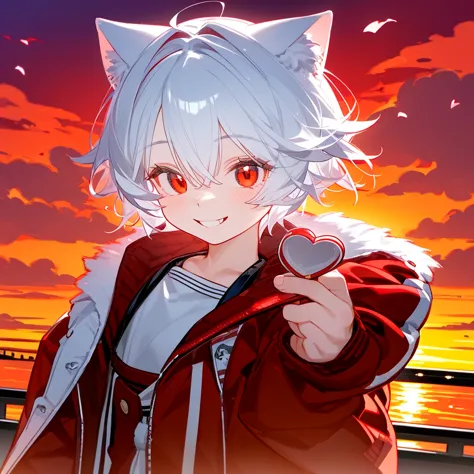 A solo cat boy, With white hair, red eyes, , wearing jacket, bust up!!!!!!!!!,cute boy in school, Holding a candy , smile, sunse...