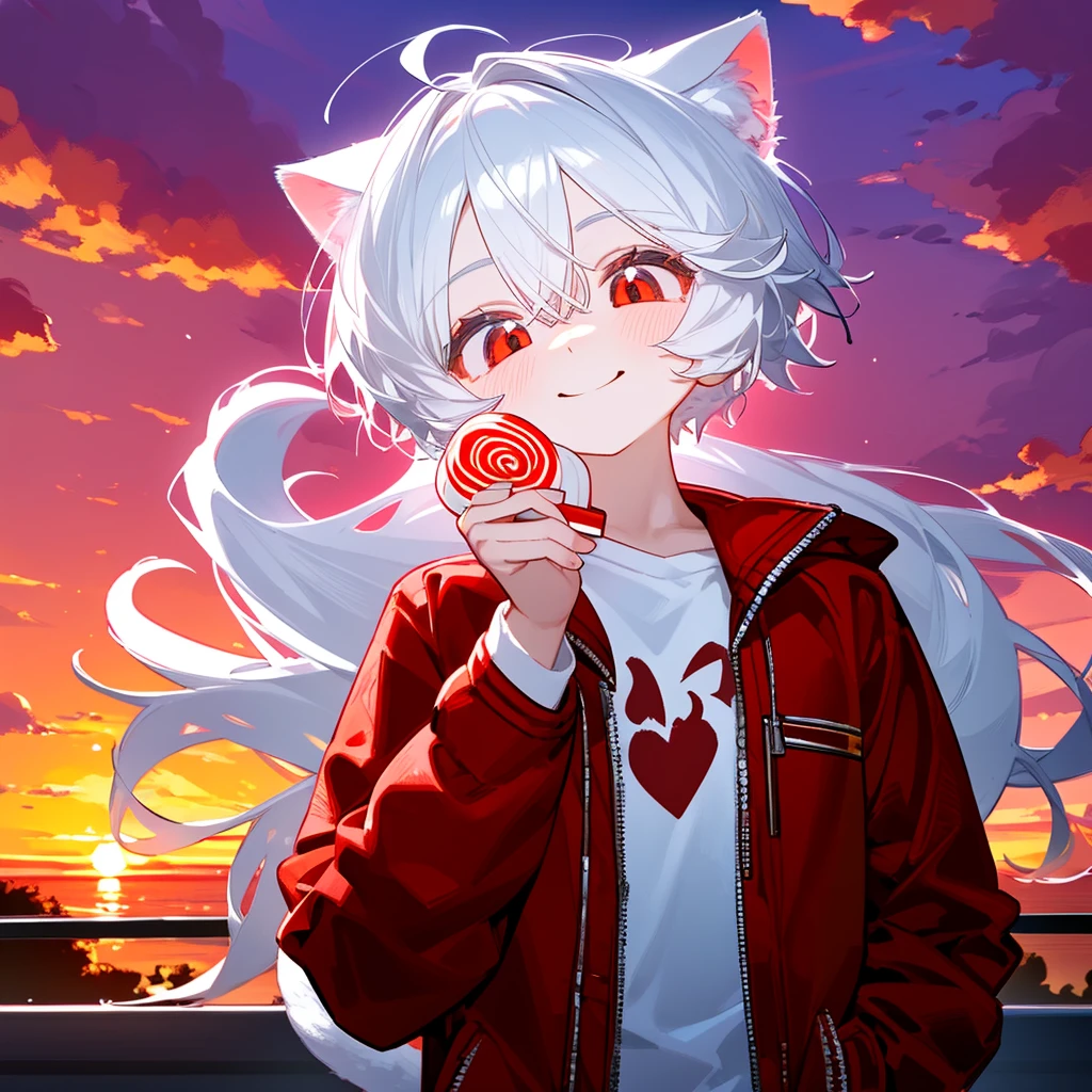 A solo cat boy, With white hair, red eyes, , wearing jacket, bust up!!!!!!!!!,cute boy in school, Holding a candy , smile, sunset