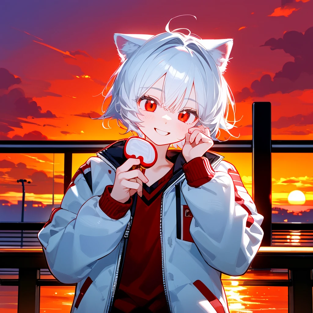 Un chico gato solitario, con pelo blanco, ojos rojos, , usando chaqueta, reventar!!!!!!!!!,chico lindo en la escuela, sosteniendo un caramelo , sonrisa, atardecer