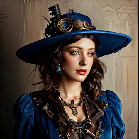 A photorealistic close up of a beautiful woman with downcast eyes wearing a steampunk style blue hat and dress, beautiful charac...