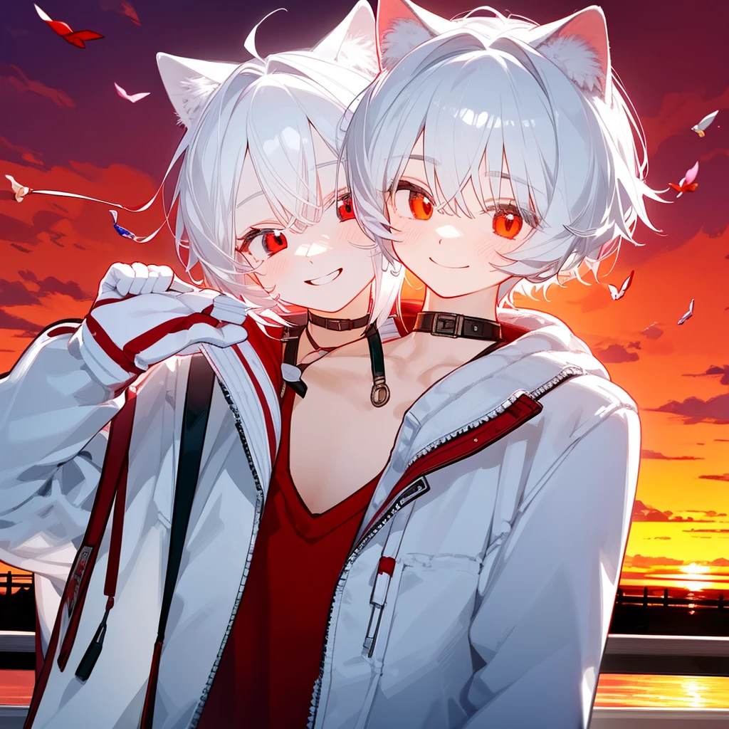 A solo cat boy, With white hair, red eyes, , wearing jacket, bust up!!!!!!!!!,cute boy in school, Holding a candy , smile, sunset
