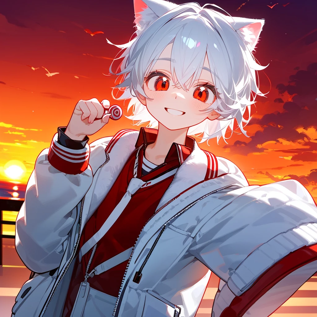 Un chico gato solitario, con pelo blanco, ojos rojos, , usando chaqueta, reventar!!!!!!!!!,chico lindo en la escuela, sosteniendo un caramelo , sonrisa, atardecer