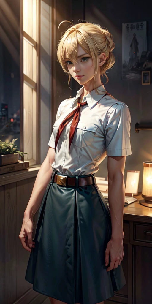 blond hair, Hair, ahoge, Raised eyebrows, sparkling eyes, green eyes, shy smile, atmospheric perspective, anime style, Cinematic lighting, glowing light, wide angle, 8 k, Best quality, masterpiece, high detail, high quality, slender and fit young girl, perfect flat chest, Thin waist, pioneer neckerchief, blue microskirt, bang, White shirt, short sleeves, collared shirt, belt, eyelashes, red neckerchief, chest pocket, know-v1, died_Alessia