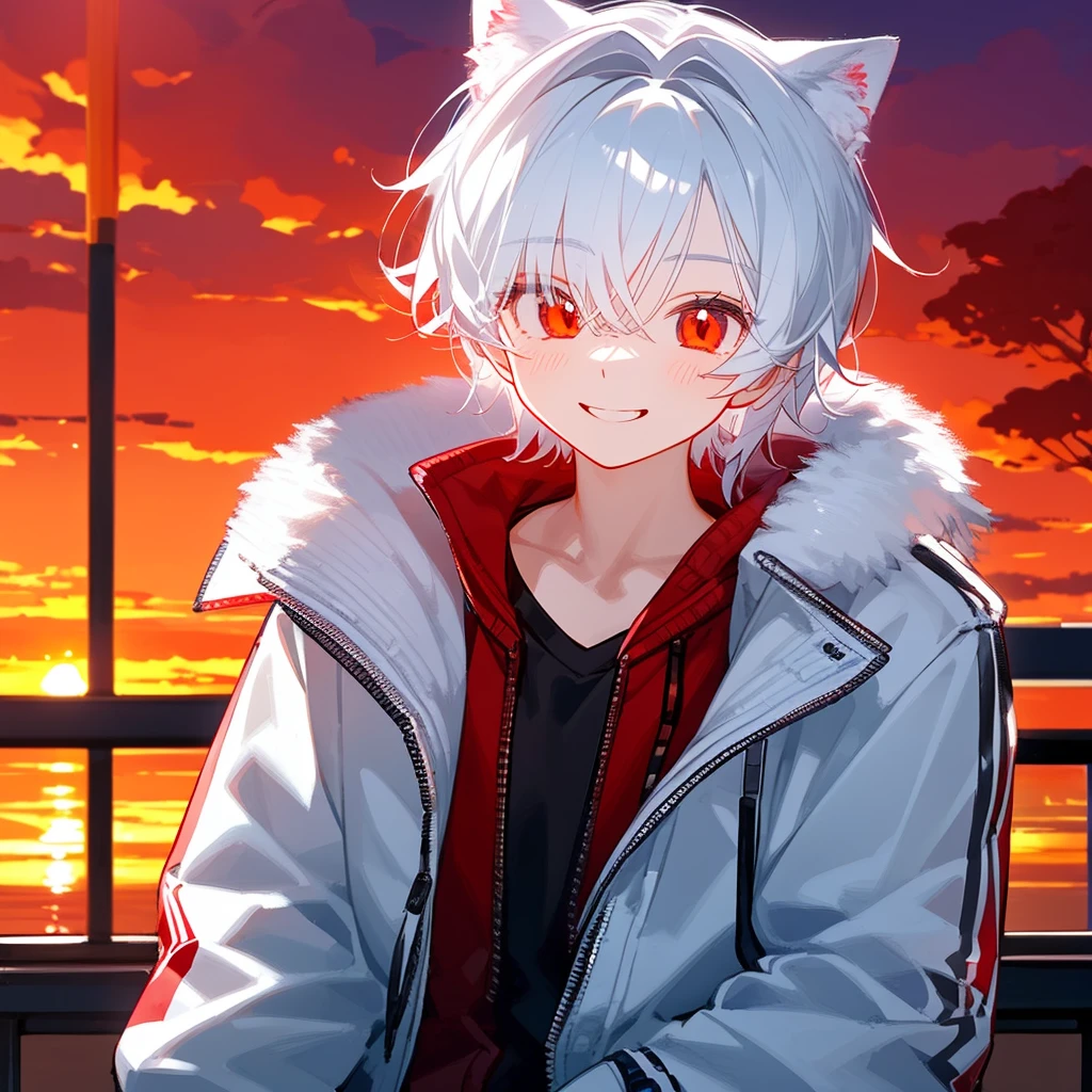 Un chico gato solitario, con pelo blanco, ojos rojos, , usando chaqueta, reventar!!!!!!!!!,chico lindo en la escuela, sosteniendo un caramelo , sonrisa, atardecer