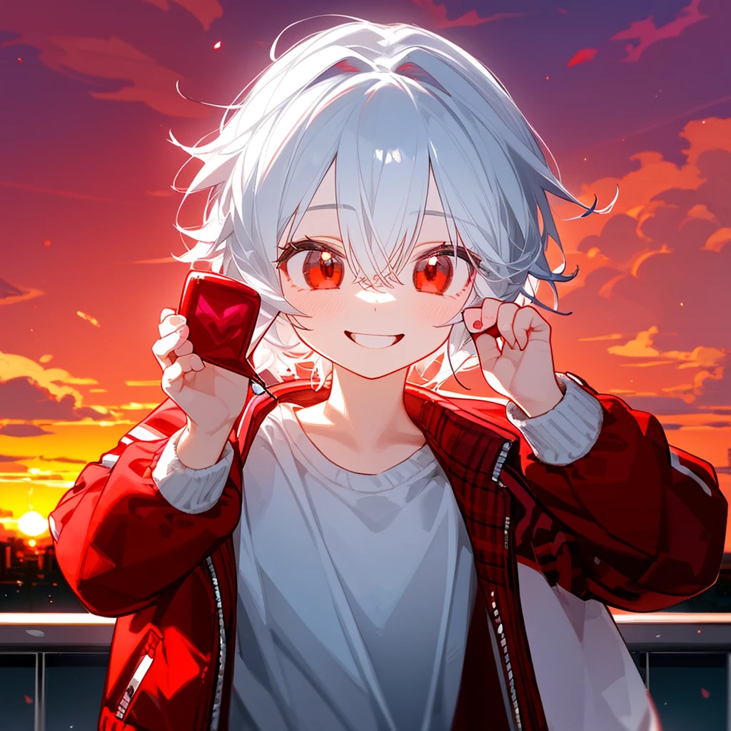 A solo cat boy, With white hair, red eyes, , wearing jacket, bust up!!!!!!!!!,cute boy in school, Holding a candy , smile, sunset