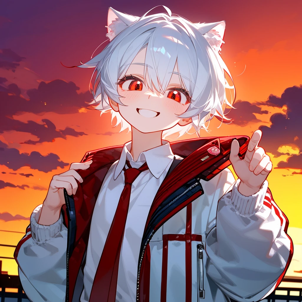 Un chico gato solitario, con pelo blanco, ojos rojos, , usando chaqueta, reventar!!!!!!!!!,chico lindo en la escuela, sosteniendo un caramelo , sonrisa, atardecer