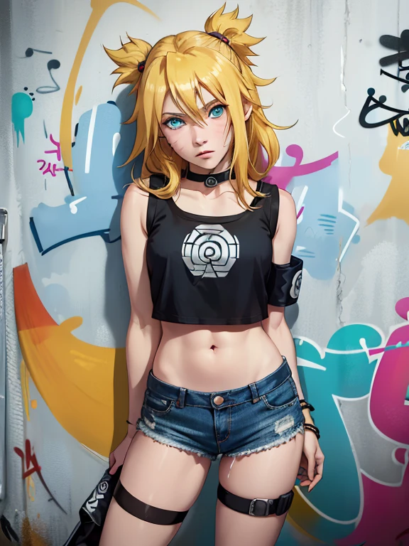 masterpiece, best quality, 1girl, solo, crop top, denim shorts, choker, (graffiti:1.5),  arms behind back, against wall, looking at viewer, armband, thigh strap, head tilt, bored, blonde hair, aqua eyes, headset, Naruto jutsu sexy (naruko Uzumaki).