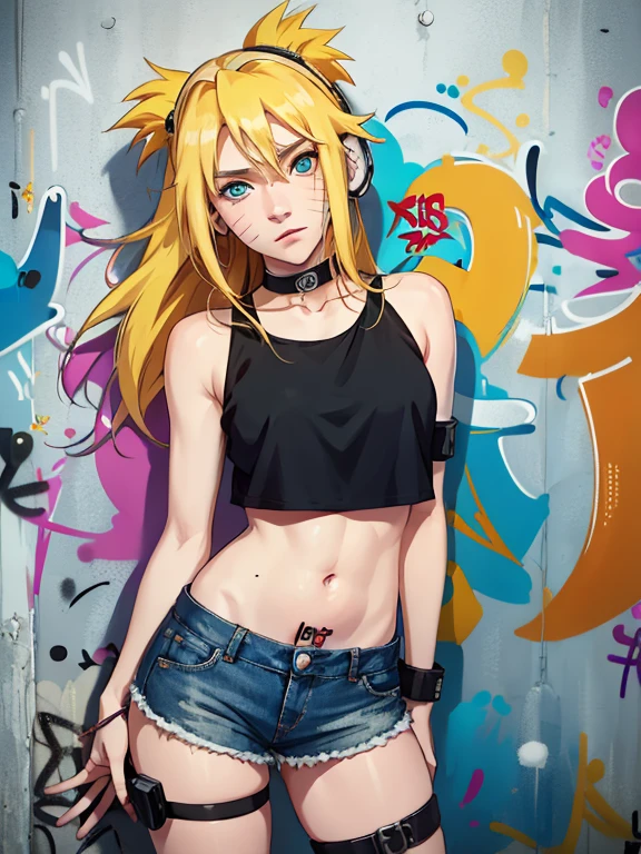 masterpiece, best quality, 1girl, solo, crop top, denim shorts, choker, (graffiti:1.5),  arms behind back, against wall, looking at viewer, armband, thigh strap, head tilt, bored, blonde hair, aqua eyes, headset, Naruto jutsu sexy (naruko Uzumaki).