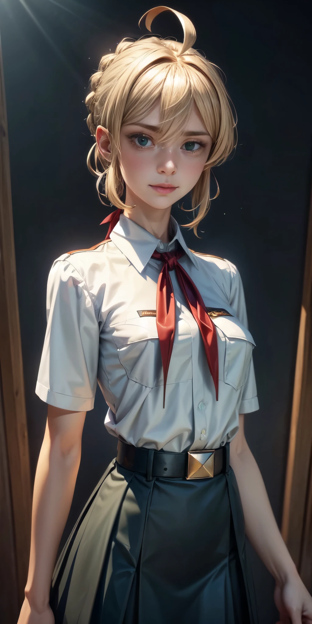 blond hair, Hair, ahoge, Raised eyebrows, sparkling eyes, green eyes, shy smile, atmospheric perspective, anime style, Cinematic lighting, glowing light, wide angle, 8 k, Best quality, masterpiece, high detail, high quality, slender and fit young girl, perfect flat chest, Thin waist, pioneer neckerchief, blue microskirt, bang, White shirt, short sleeves, collared shirt, belt, eyelashes, red neckerchief, chest pocket, know-v1, died_Alessia