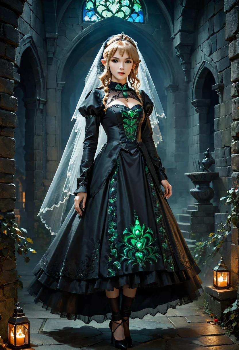 Dark fantasy art, fantasy art, goth art,  a picture of the elf Princess Zelda as vampire, exquisite beauty, full body shot, dark glamour shot, pale white skin, blond hair, long hair, wavy hair, (glowing green: 1.3) eyes, she  wears a (green: 1.3) intricate armor, thigh high heels, , ArmoredDress, the roses are imprinted on the dress (black: 1.4)  black roses betmd, high heells, dark castle porchm, dark, black and colorm, Dark Art Painting Style, hud_s1n, short black dress, long sleeves, veil, thighhighs