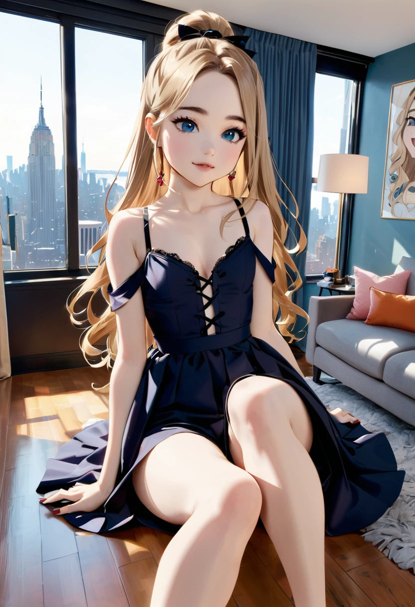 Sabrina Carpenter, designer clothes, cleavage, new york apartment