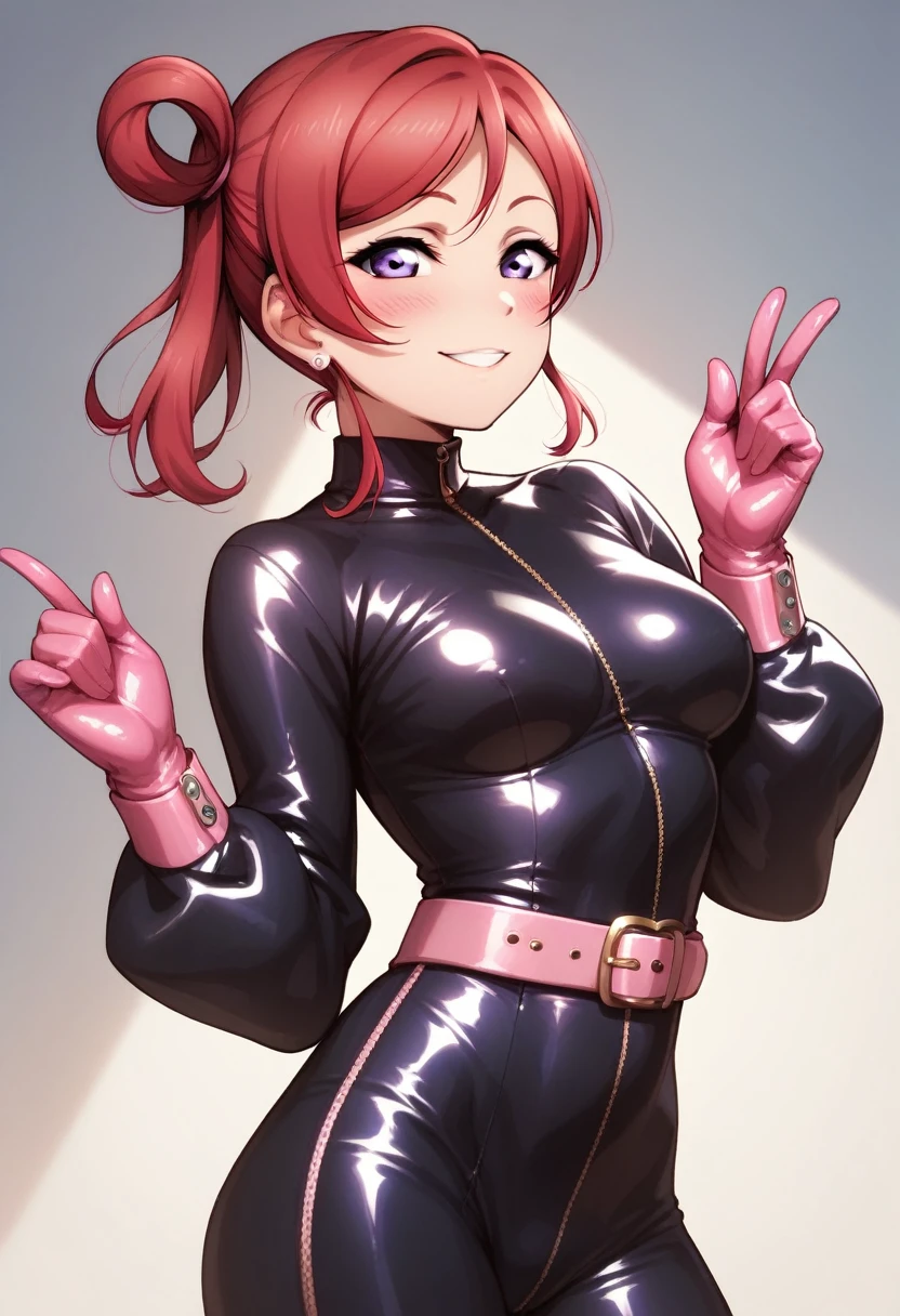 Maki nishikino,love live,highres,red hair , purple eyes,blush , black skin tight latex blouse,long sleeve, pink belt ,pink gloves , standing, breasts , smile 