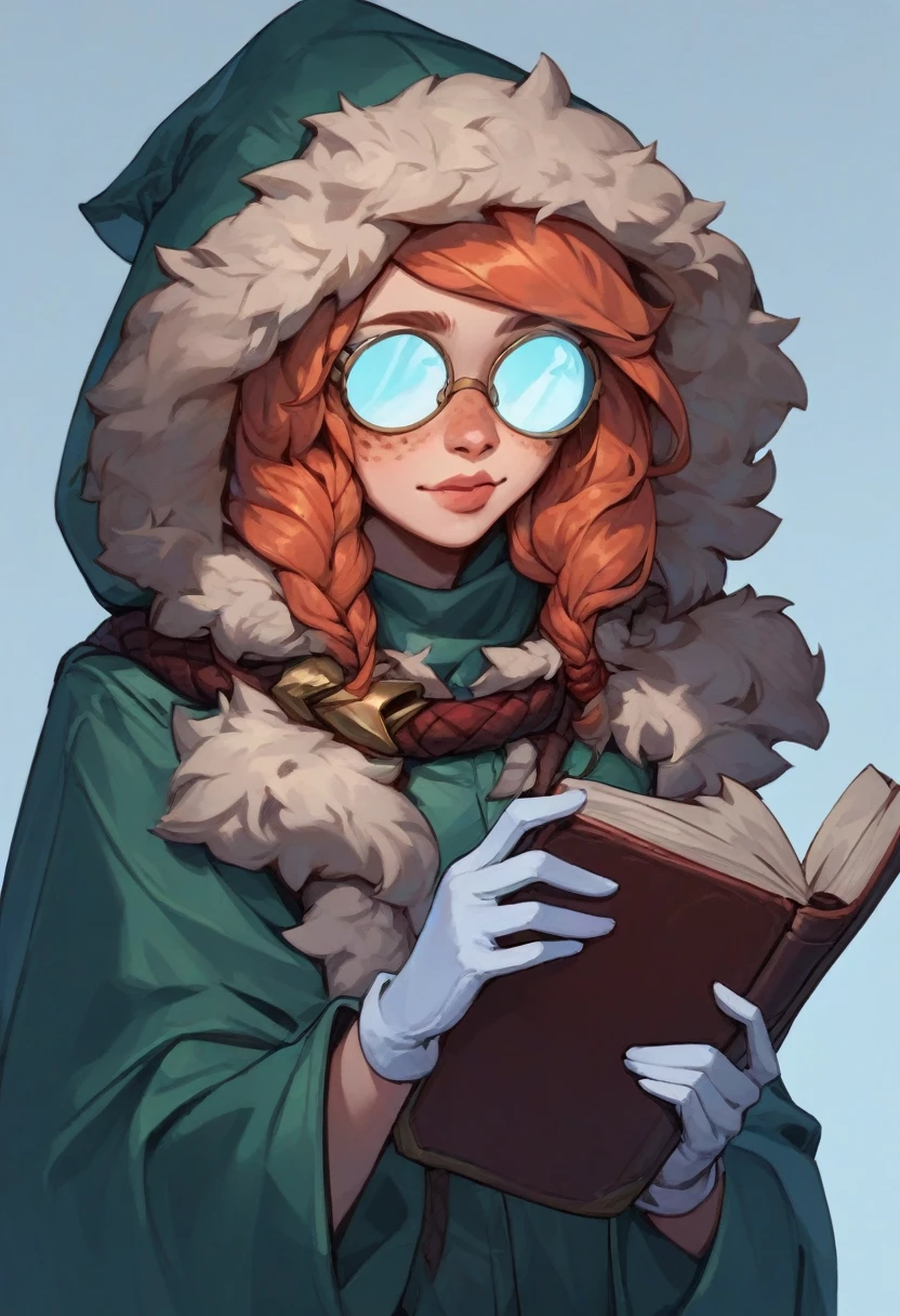 check_9, check_8_up, check_7_up, Polar Lights (League of Legends), 1 girl, freckles, bang, Hair, green raincoat, fur trim, hood up, the library, round glasses, opaque glasses, White gloves, Holding a book, Open the book