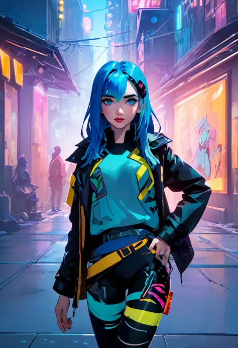 (masterpiece, 8k, uhd, high resolution: 1.4), jinx in the spider-verse style, (long, vibrant blue hair: 1.3), (bright and expres...