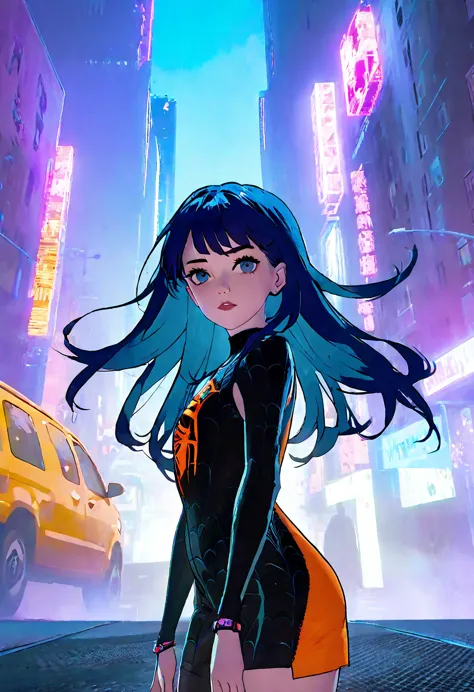 (masterpiece, 8k, uhd, high resolution: 1.4), jinx in the spider-verse style, (long, vibrant blue hair: 1.3), (bright and expres...